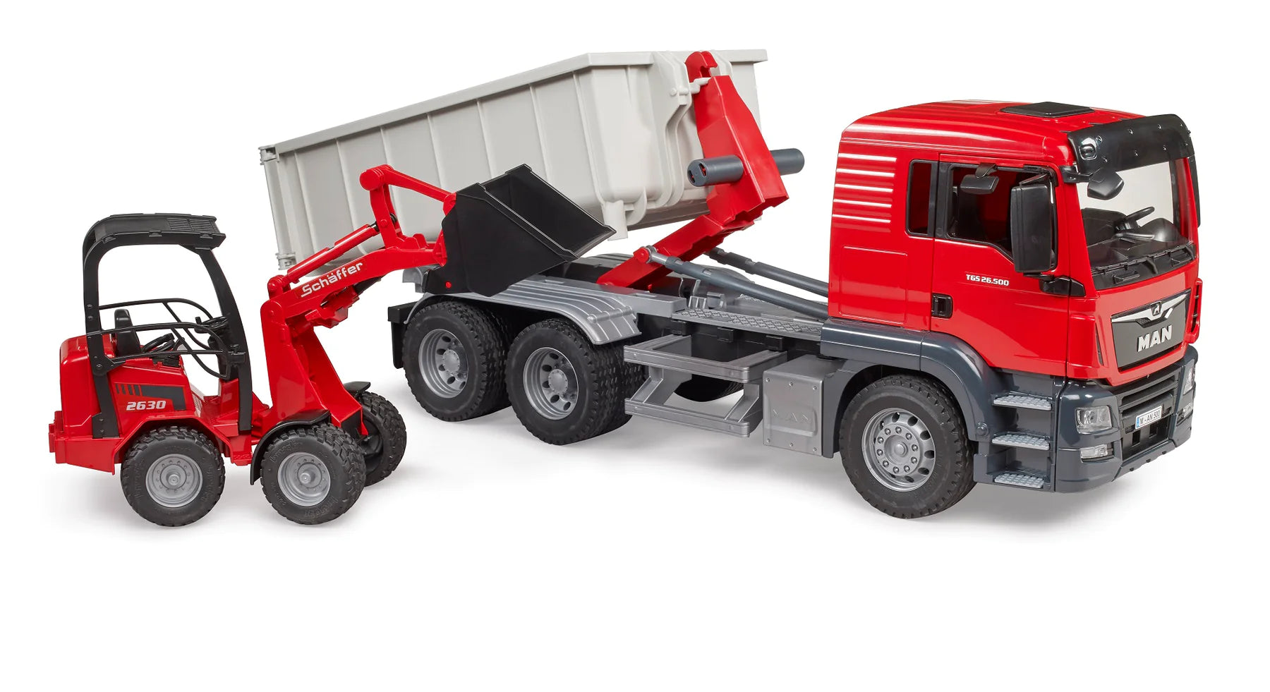 Bruder-MAN TGS Truck w/Roll-Off-Container & Compact Loader-03767-Legacy Toys