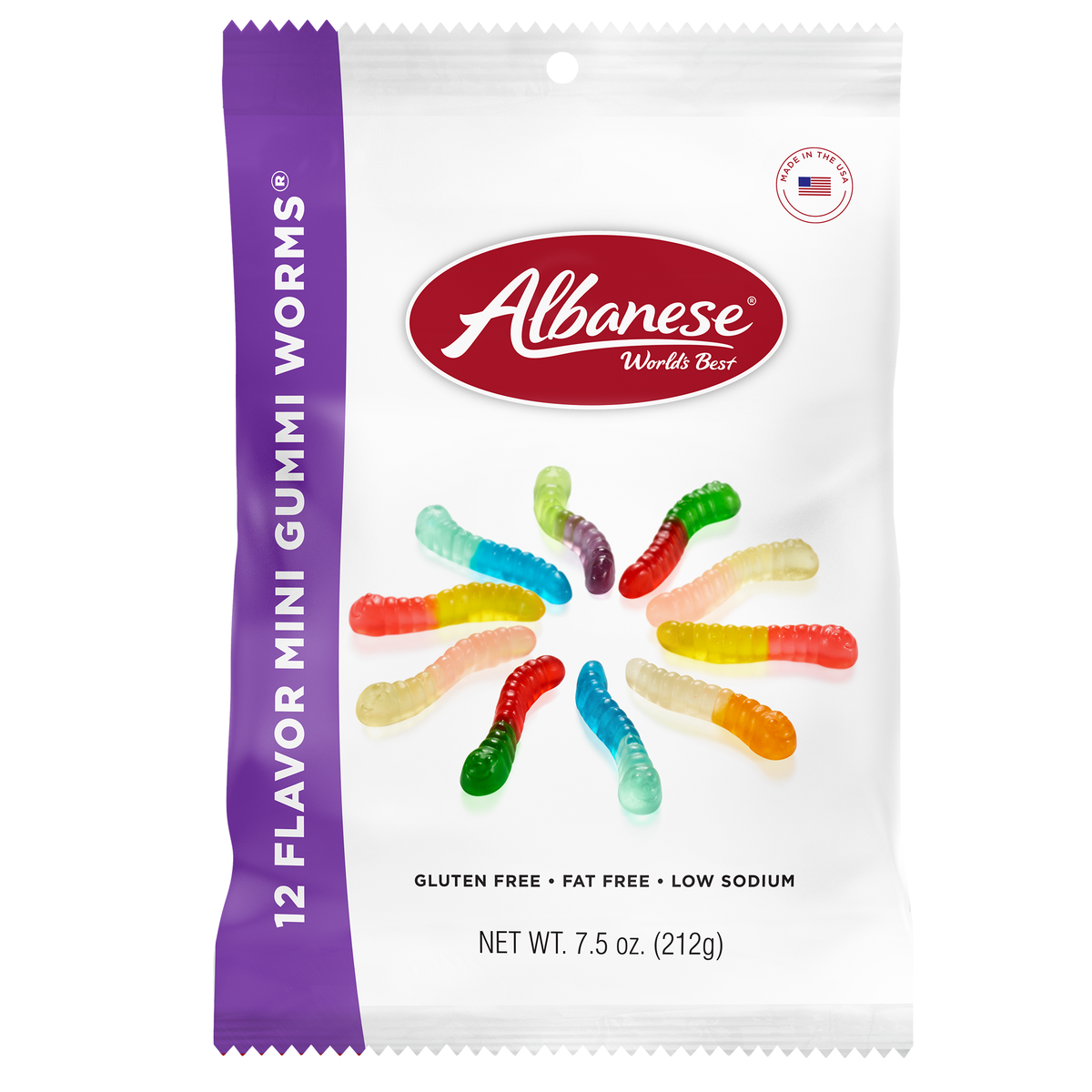 Albanese Confectionery-12 Flavor Mini Gummi Worms 7.5 oz Peg Bag-53350-Legacy Toys