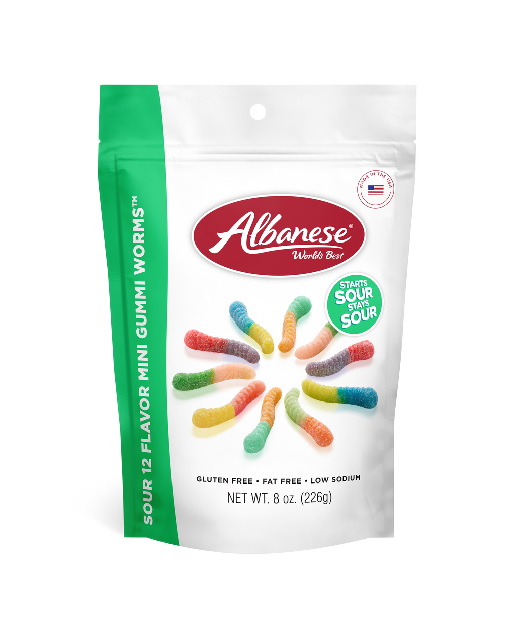 Albanese Confectionery-12 Sour Flavor Mini Gummi Worms 8 oz Peg Bag-53327-Legacy Toys