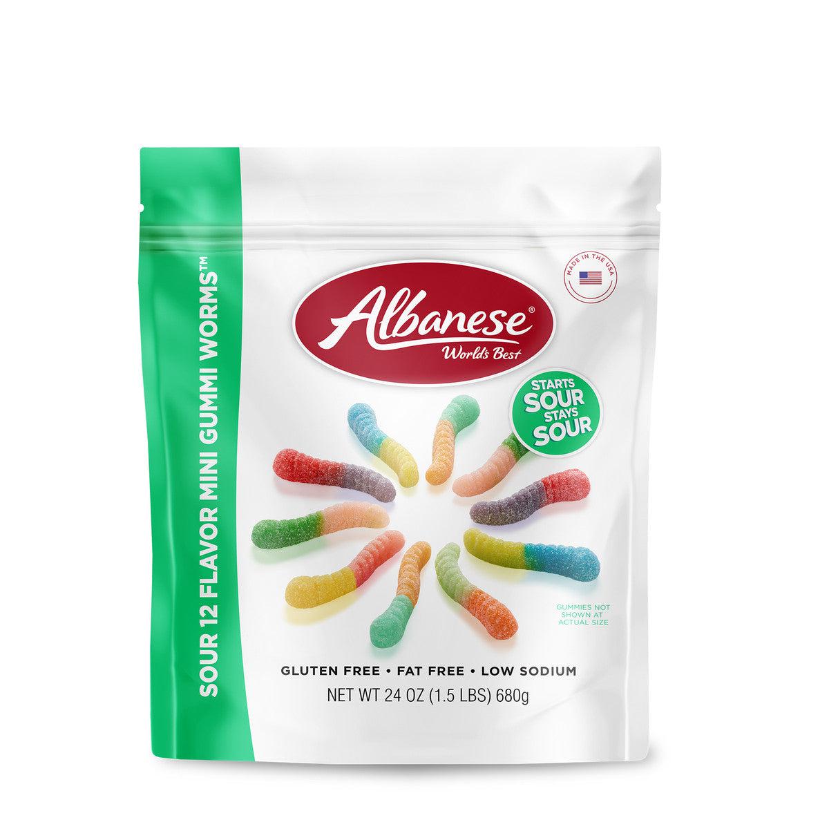 Albanese Confectionery-Sour 12 Flavor Mini Gummi Worms 24 oz Share Size Bag-53467-Legacy Toys