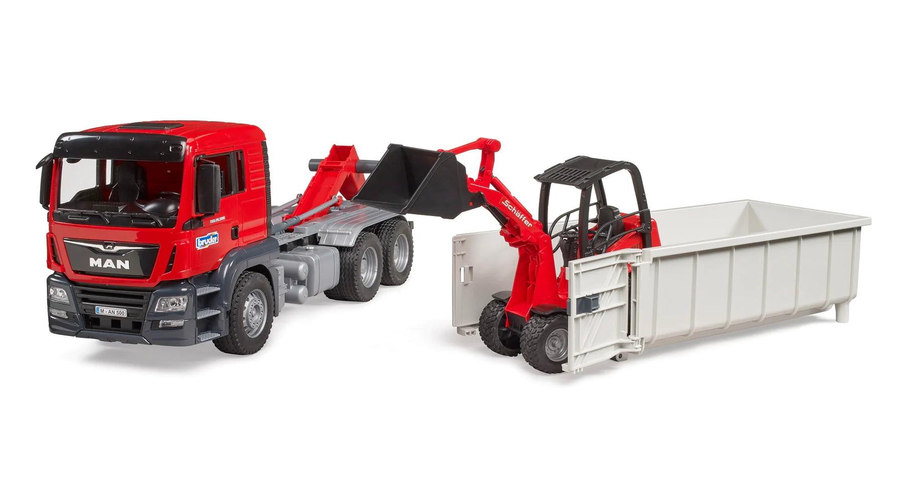 Bruder-MAN TGS Truck w/Roll-Off-Container & Compact Loader-03767-Legacy Toys