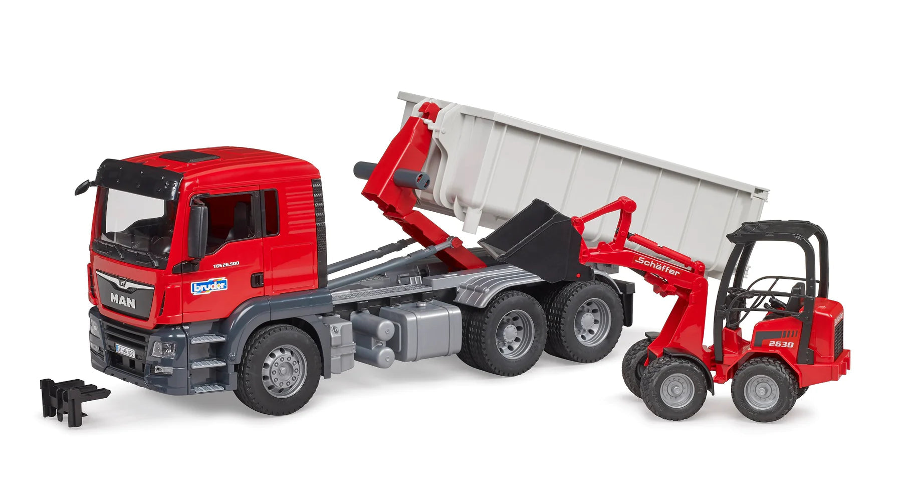 Bruder-MAN TGS Truck w/Roll-Off-Container & Compact Loader-03767-Legacy Toys