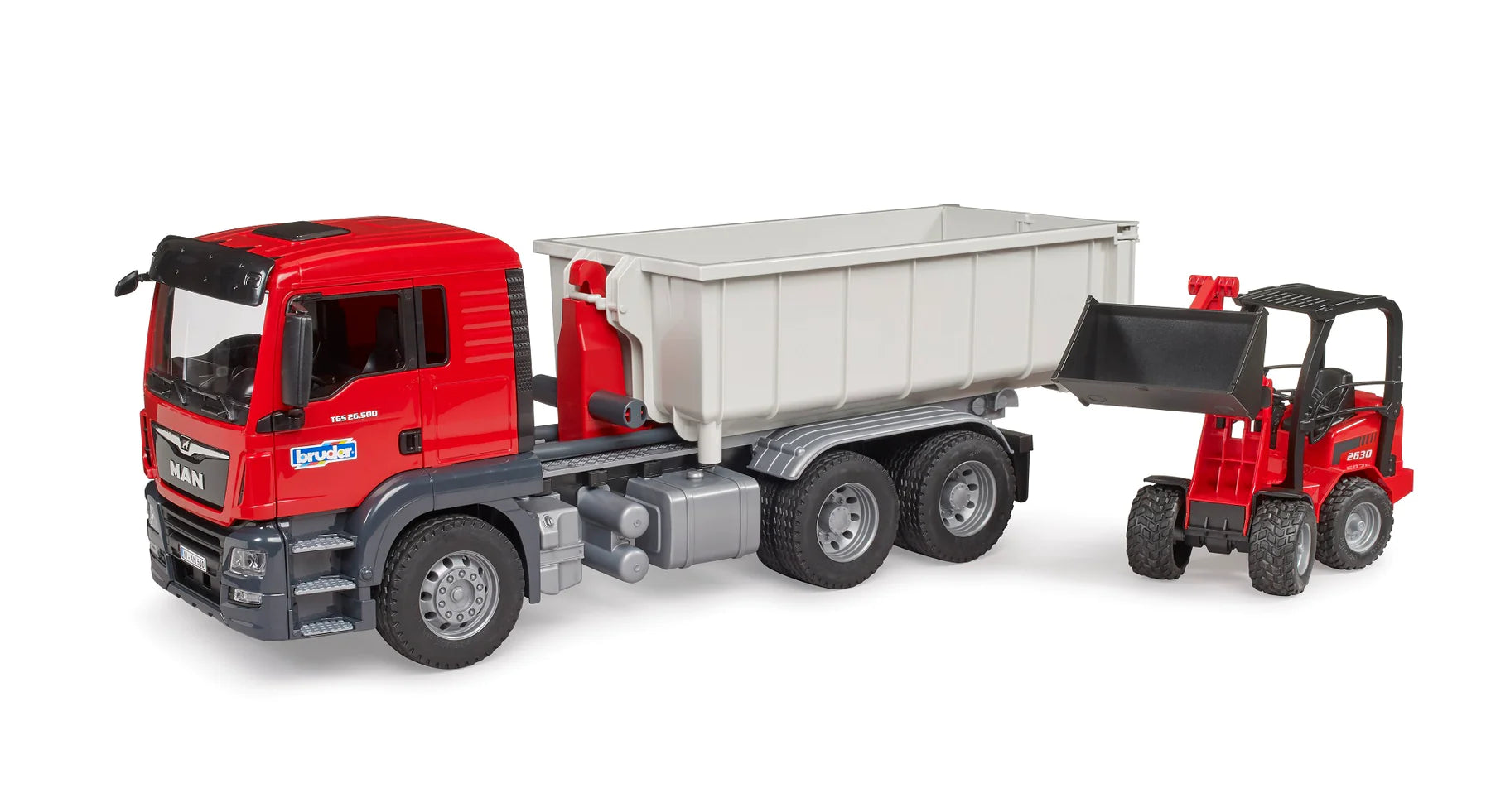 Bruder-MAN TGS Truck w/Roll-Off-Container & Compact Loader-03767-Legacy Toys