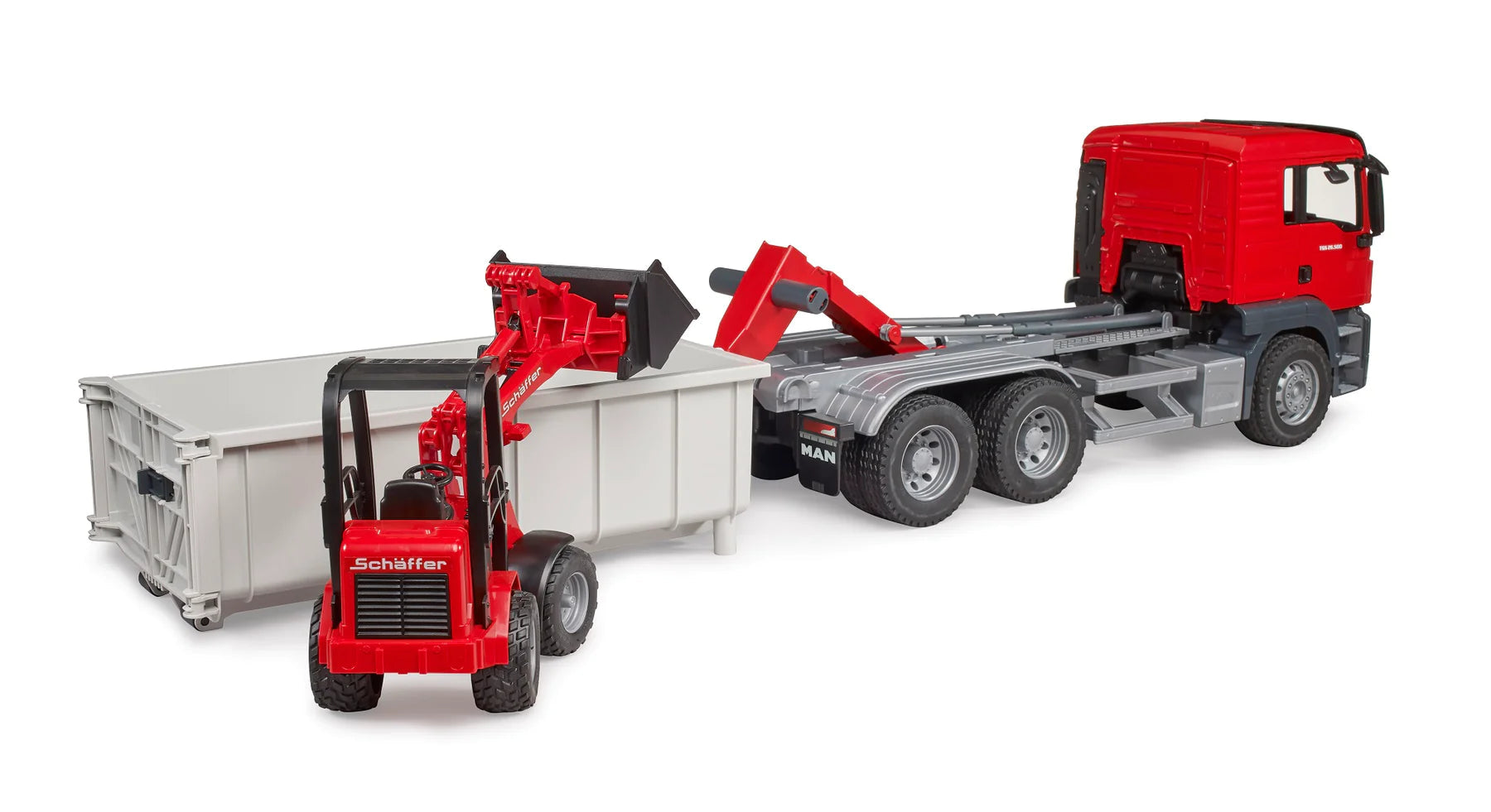 Bruder-MAN TGS Truck w/Roll-Off-Container & Compact Loader-03767-Legacy Toys