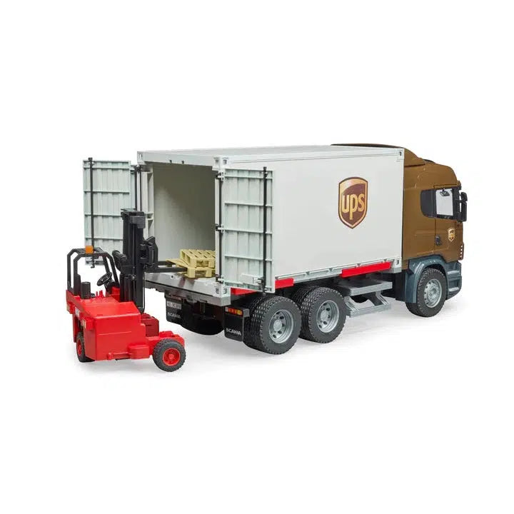 Bruder-SCANIA R-Series UPS logistics truck with forklift-03581-Legacy Toys