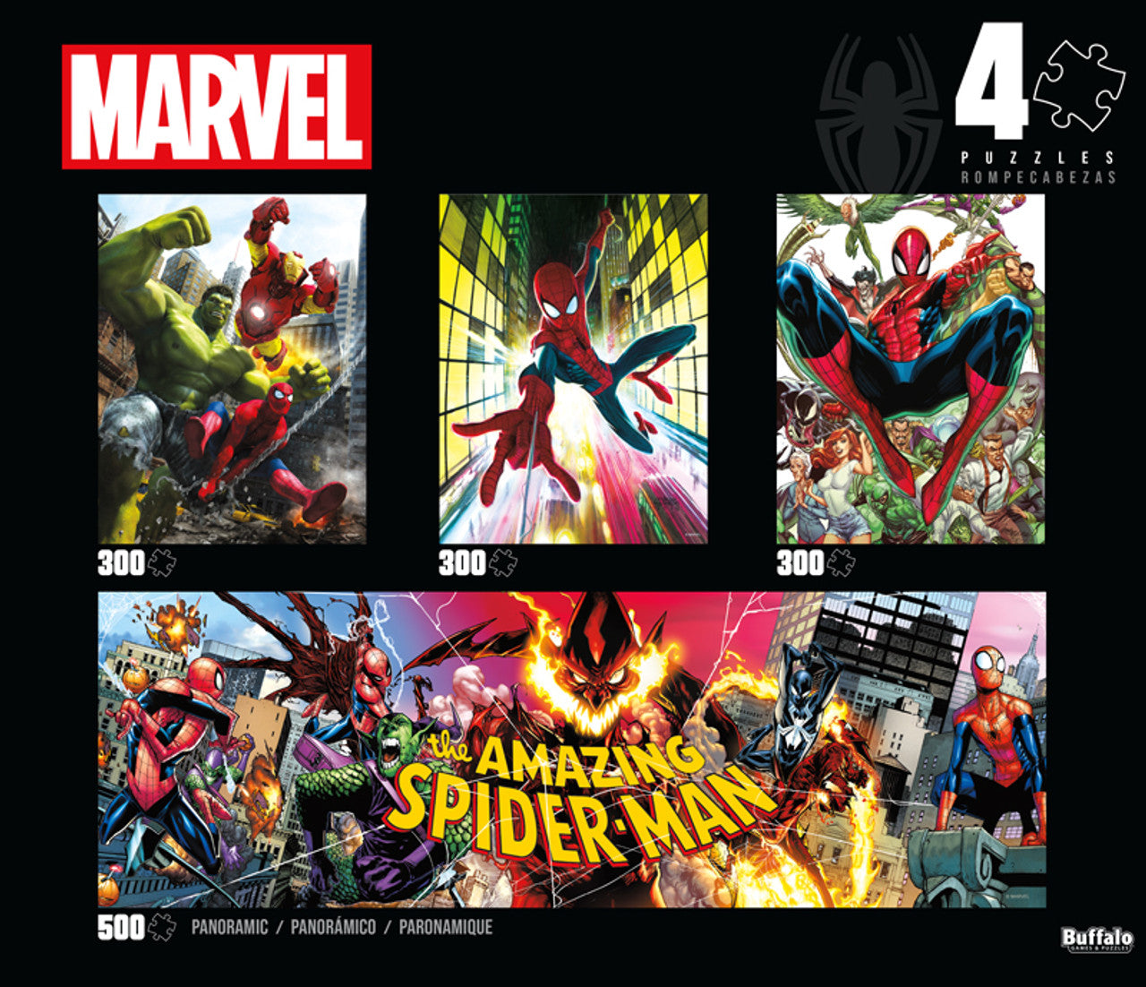 Buffalo Games-Marvel: The Amazing Spider-Man: 4 X 1 Multipack - 300 & 500 Piece Puzzles-9381-Legacy Toys