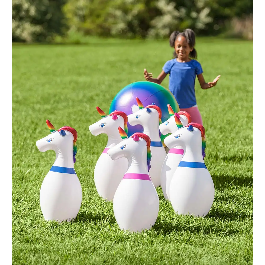 HearthSong-Indoor/Outdoor Giant Inflatable Unicorn Bowling Game With 29