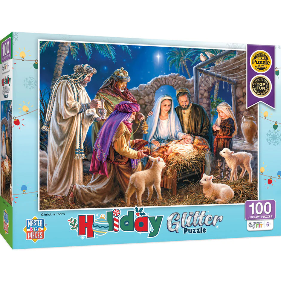 MasterPieces-Holiday - Christ is Born - 100 Piece Glitter Puzzle-12247-Legacy Toys