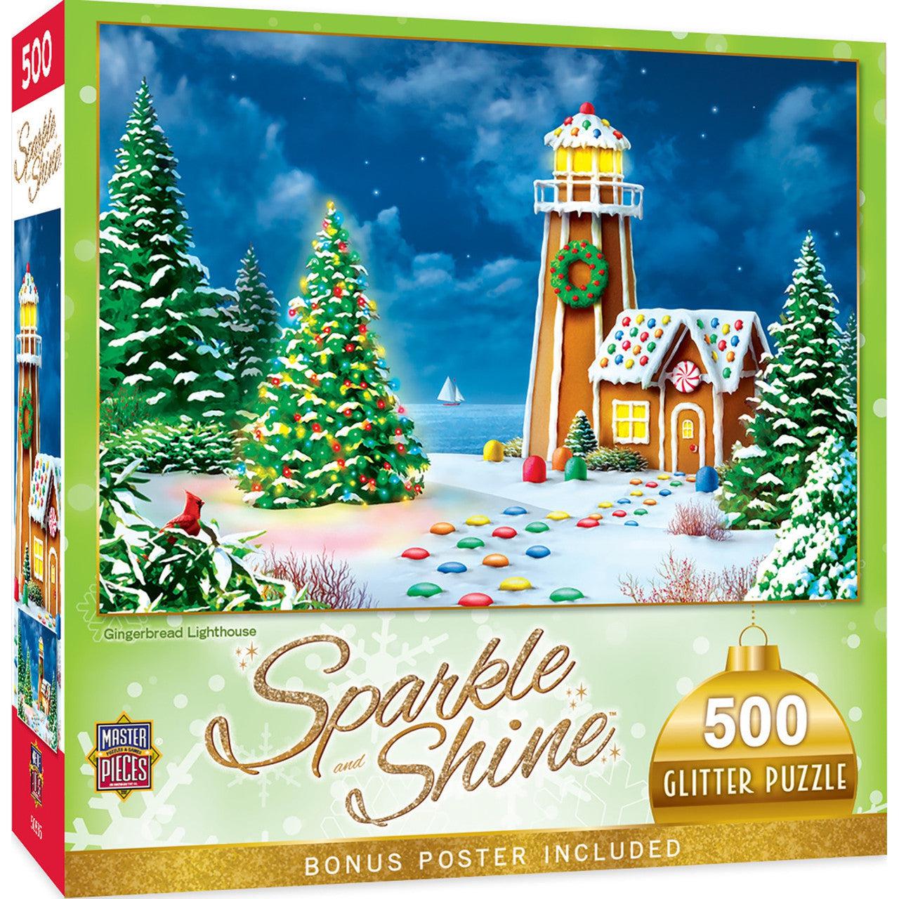 MasterPieces-Holiday - Gingerbread Light House - 500 Piece Glitter Puzzle-31732-Legacy Toys
