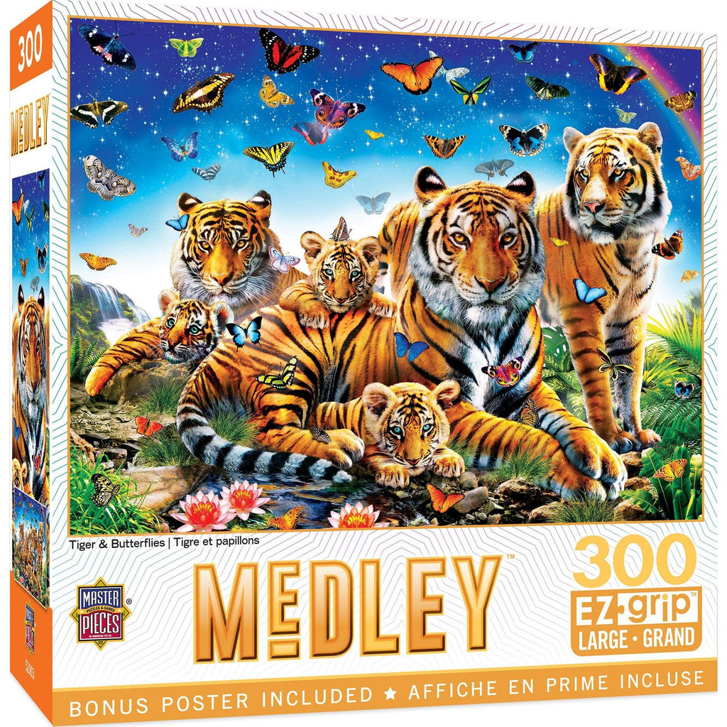 MasterPieces-Medley - Tiger & Butterflies - 300 Piece EzGrip Puzzle-32280-Legacy Toys