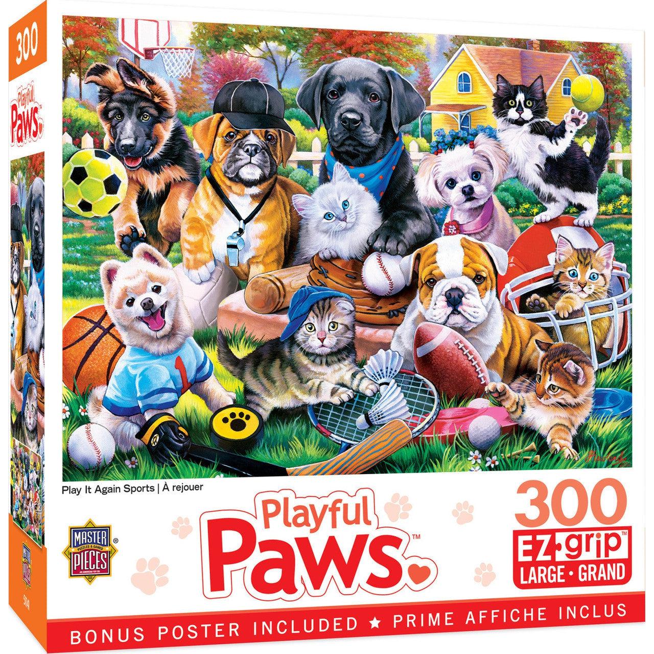 MasterPieces-Playful Paws - Play it Again Sports - 300 Piece EzGrip Puzzle-32227-Legacy Toys