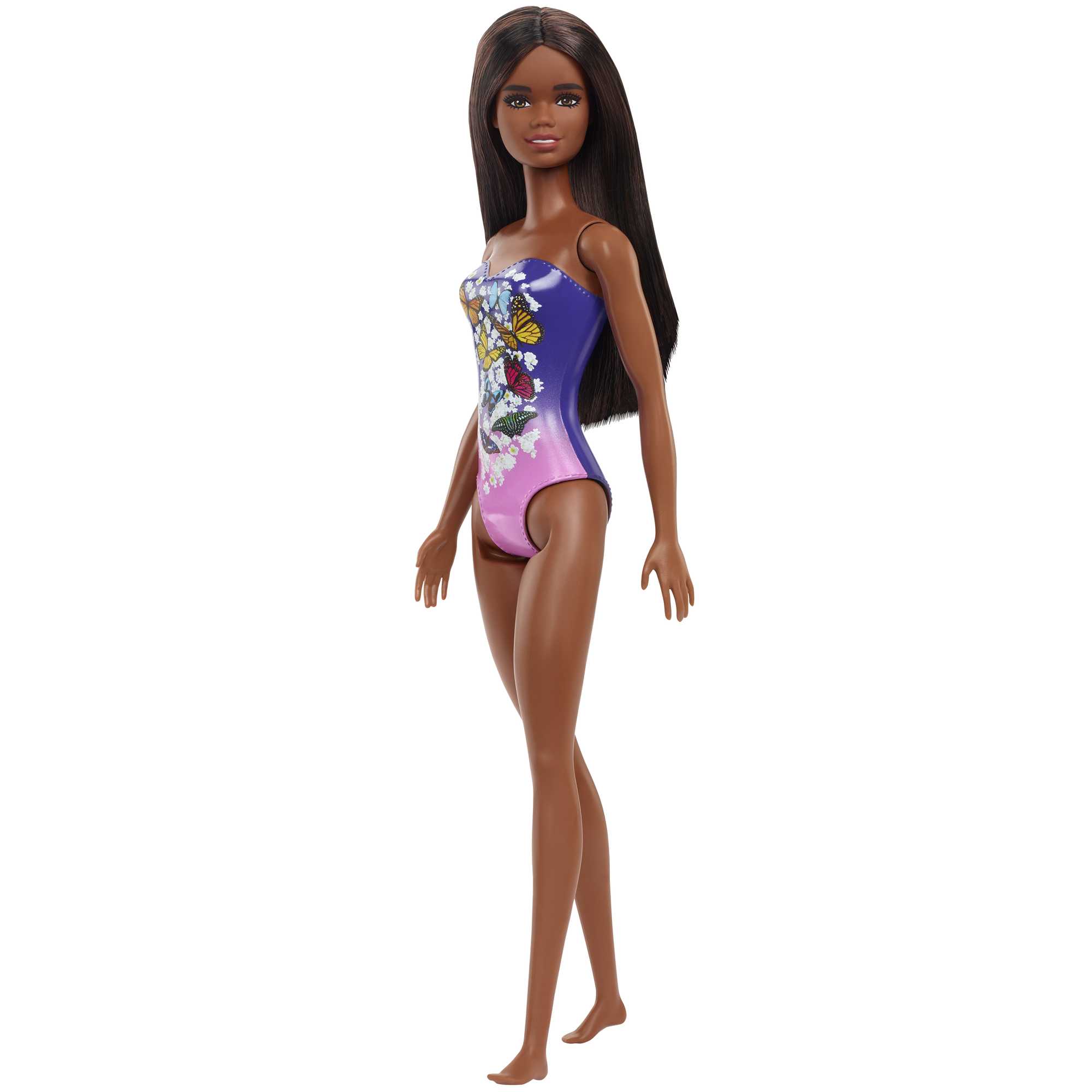 Mattel-Barbie Beach Doll Dark Hair with Purple Pink Suit-HDC48-Legacy Toys