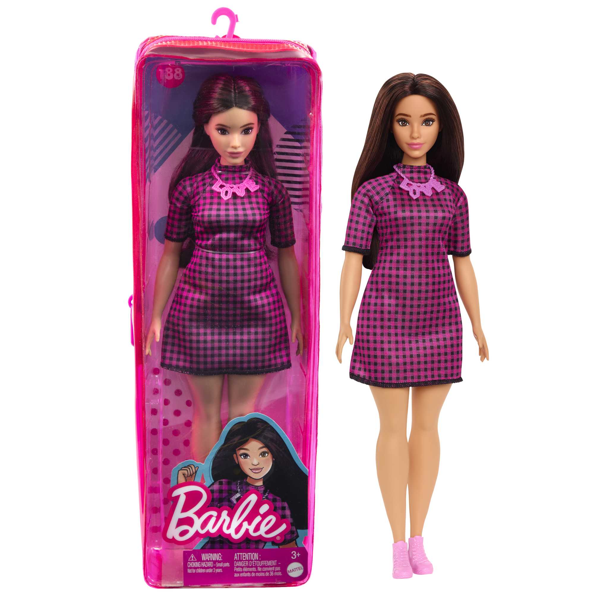 Barbie Doll Fashionista #188 Brunette Pink Dress - Love Necklace