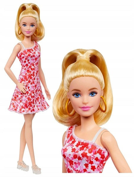 Mattel-Barbie Doll Fashionista #205 Blond Ponytail Pink Red Floral Dress-HJT02-Legacy Toys