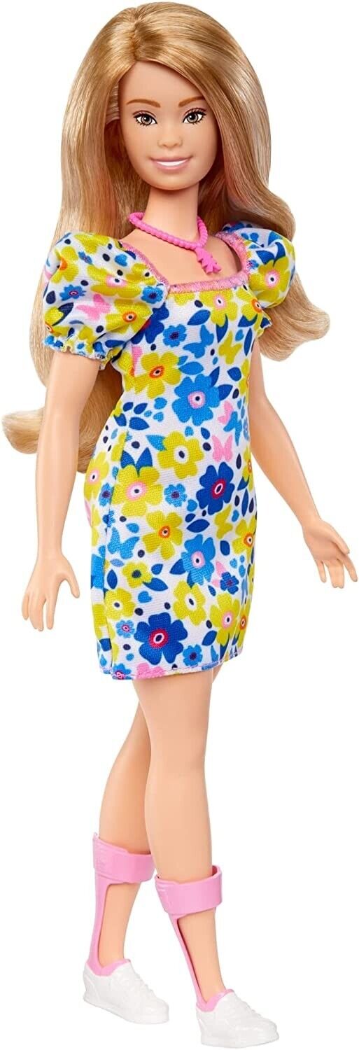 Mattel-Barbie Doll Fashionista #208 Blonde Floral Dress Blue Yellow Down Syndrome-HJT05-Legacy Toys