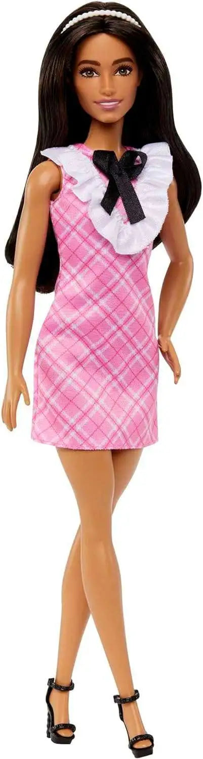 Mattel-Barbie Doll Fashionistas - 2023-HJT06-Black Hair Pink Plaid Dress-Legacy Toys