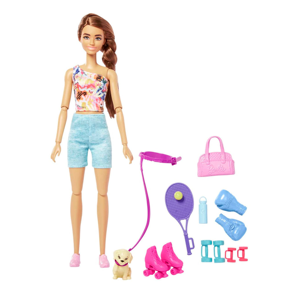 Mattel-Barbie Doll With Puppy - Workout Outfit, Roller Skate, and Tennis-HKT91-Legacy Toys
