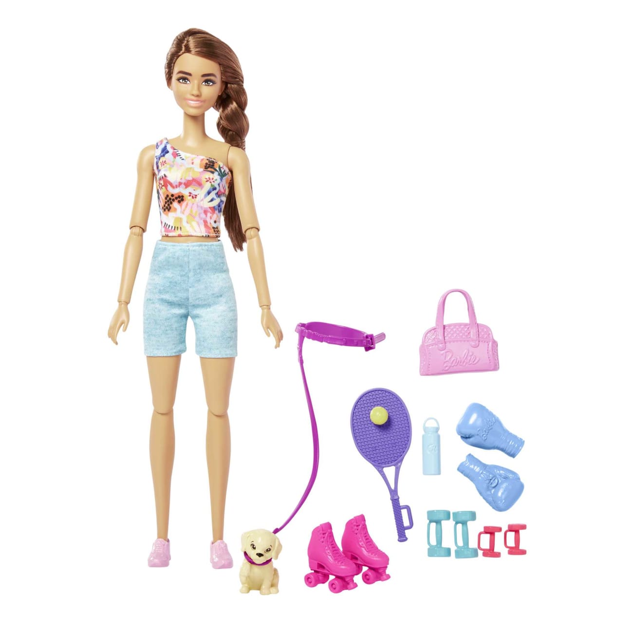 Mattel-Barbie Doll With Puppy, Workout Outfit, Roller Skates And Tennis-HKT91-Legacy Toys