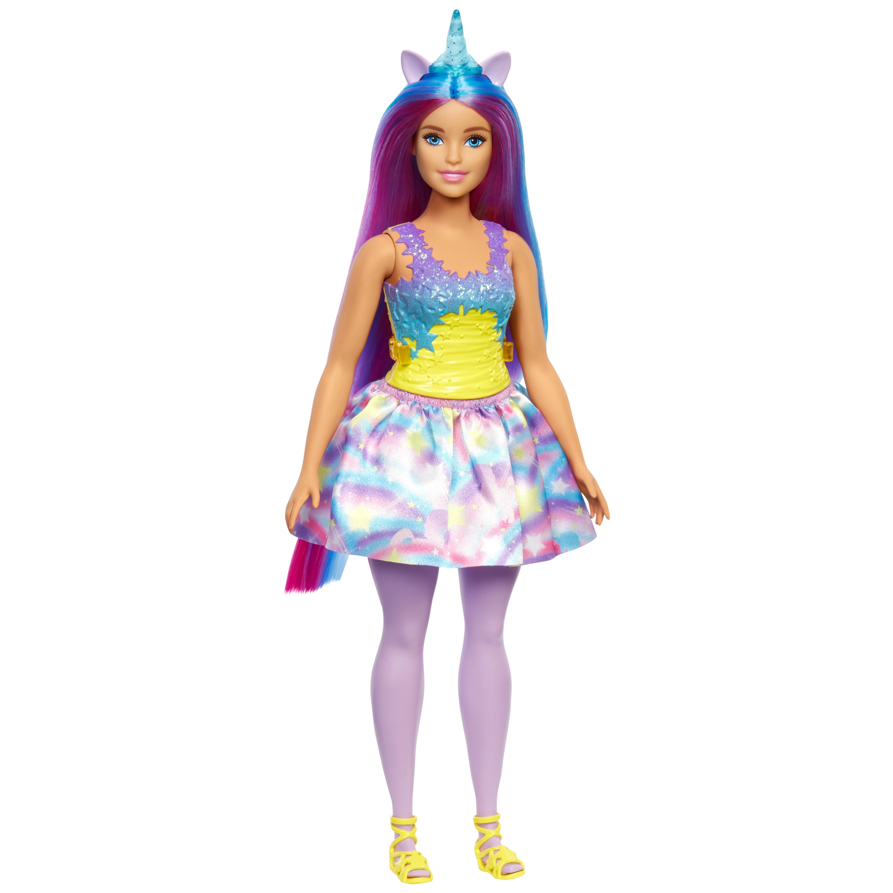 Mattel-Barbie Dreamtopia Unicorn Doll - Purple Tights - Yellow Top - Purple Hair-HGR20-Legacy Toys