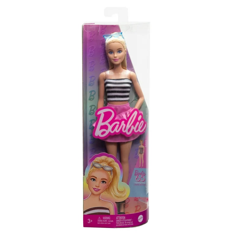 Mattel-Barbie Fashionista Assortment-HRH11-Striped Top - Pink Mini Skirt - Blonde Hair-Legacy Toys