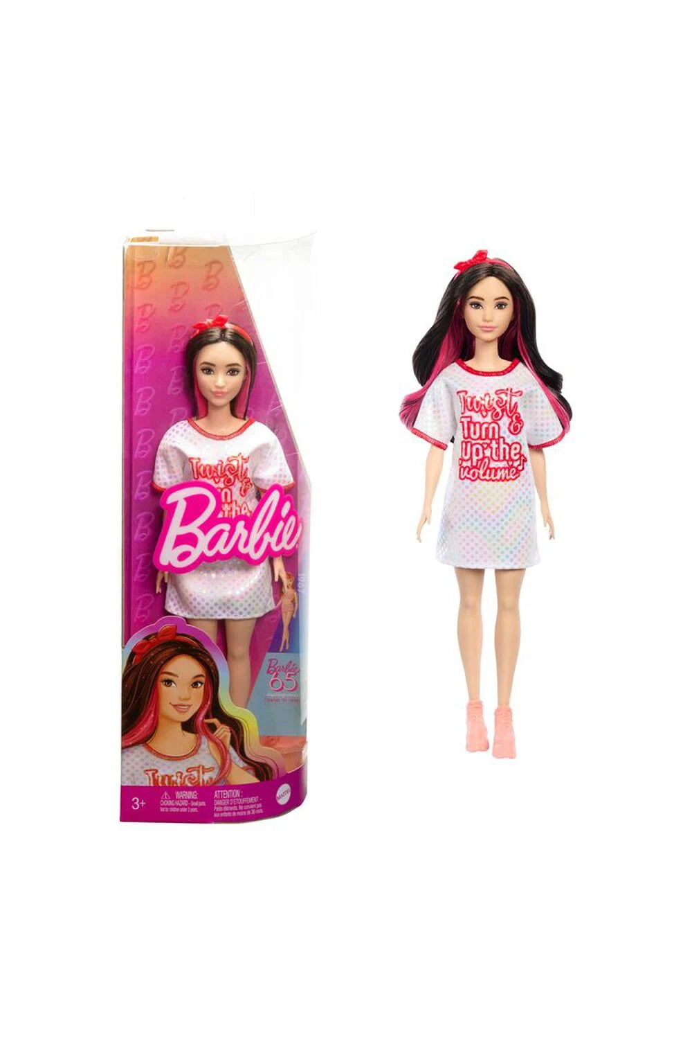 Mattel-Barbie Fashionista Assortment-HRH12-Twist & Turn Dress - Black Hair w Pink Highlight-Legacy Toys