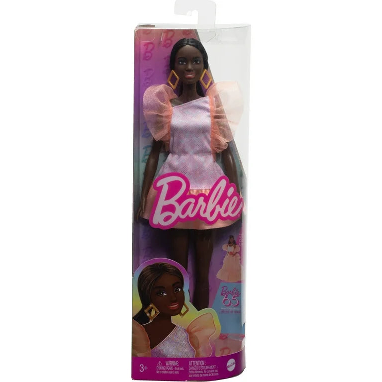 Mattel-Barbie Fashionista Assortment-HRH14-White Dress - Peach Ruffles - Black Hair-Legacy Toys