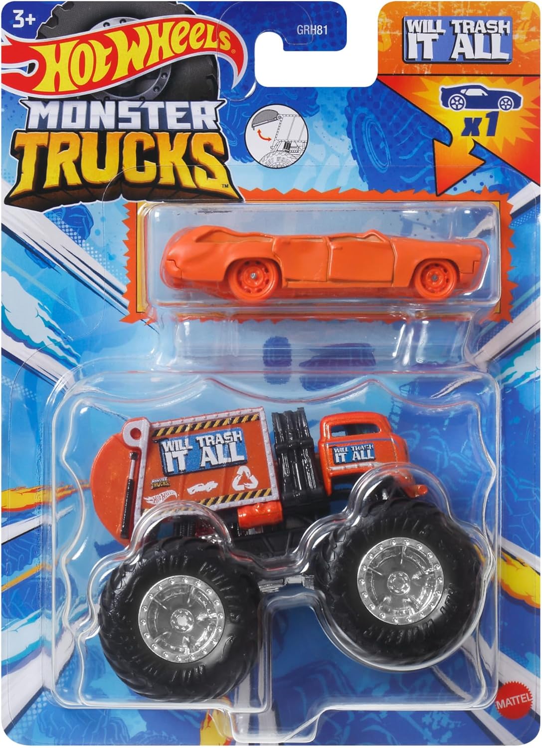 Mattel-Hot Wheels Monster Truck & Car-HWN46-Will Trash It All & Crushed Wagon - Flat Iron-Legacy Toys