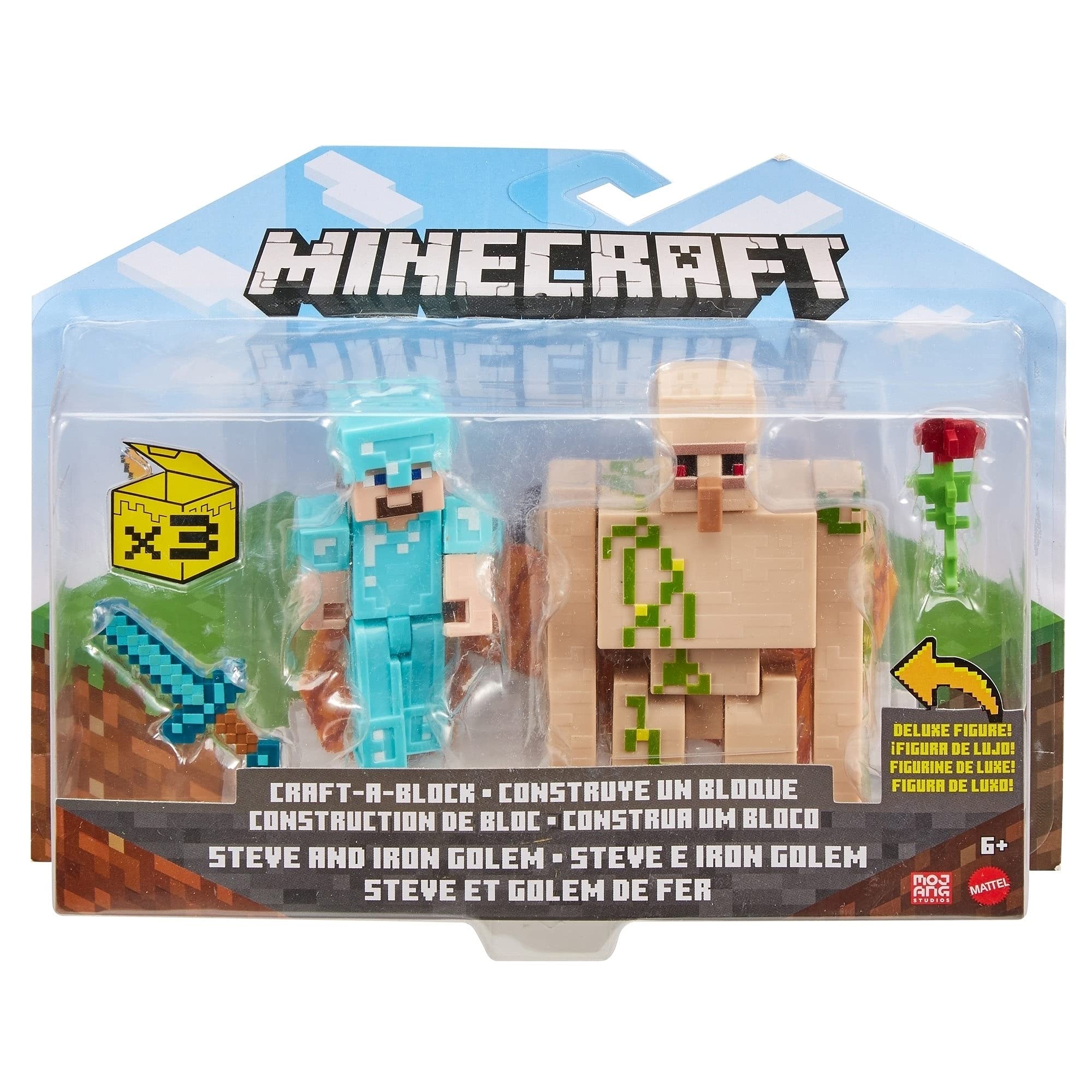 Mattel-Minecraft Craft-a-Block 2-Pack Assortment Figures-HFC35-Steve and Iron Golem-Legacy Toys