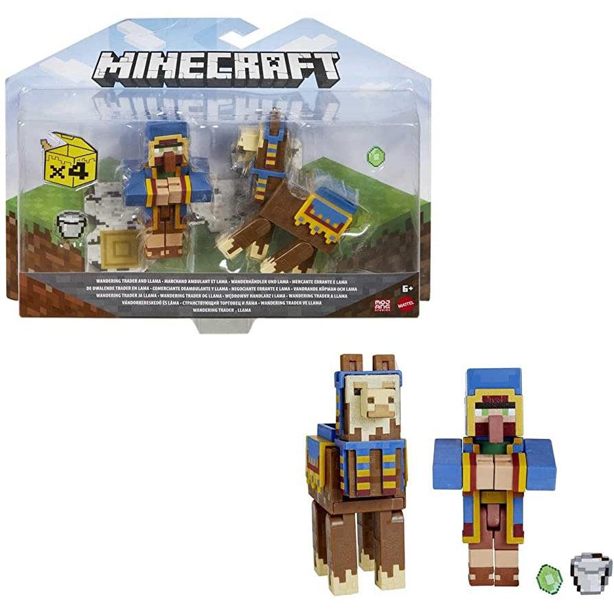 Mattel-Minecraft Craft-a-Block 2-Pack Assortment Figures-HMD59-Wandering Trader and Llama-Legacy Toys