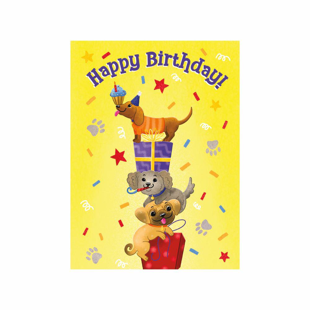 Peaceable Kingdom-Tri Fold Birthday Card - Stacked Dogs Glitter Tail-6801TTF-Legacy Toys