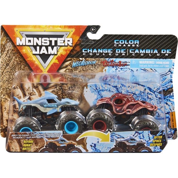 Spin Master-Monster Jam: Color-Changing Die-Cast Monster Trucks 2-Pack, 1:64 Scale Assortment-20129569-Megalodon vs Octon8er-Legacy Toys