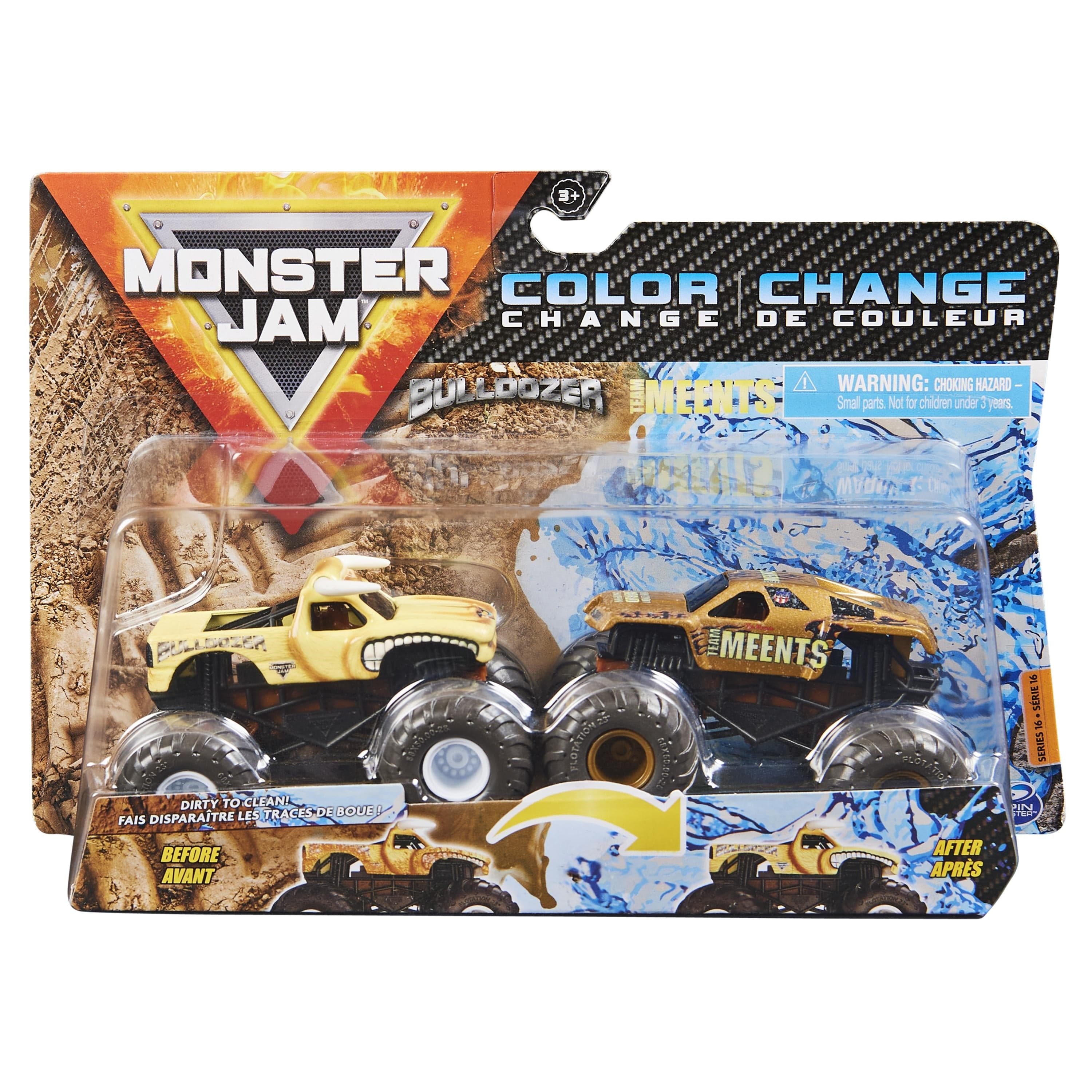 Spin Master-Monster Jam: Color-Changing Die-Cast Monster Trucks 2-Pack, 1:64 Scale Assortment-20129571-Bulldozer vs Team Meents-Legacy Toys