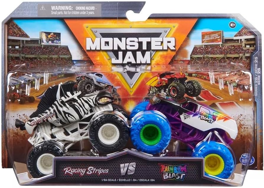 Spin Master-Monster Jam: Official 1:64 Die-Cast Monster Trucks 2-Pack Assortment - Racing Stripes vs Rainbow Blast-20142620-Legacy Toys