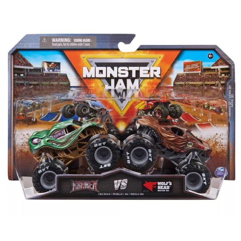 Spin Master-Monster Jam: Official 1:64 Scale Die-Cast Monster Trucks 2-Pack Assorted-20137980-Kraken vs Wolf's Head-Legacy Toys