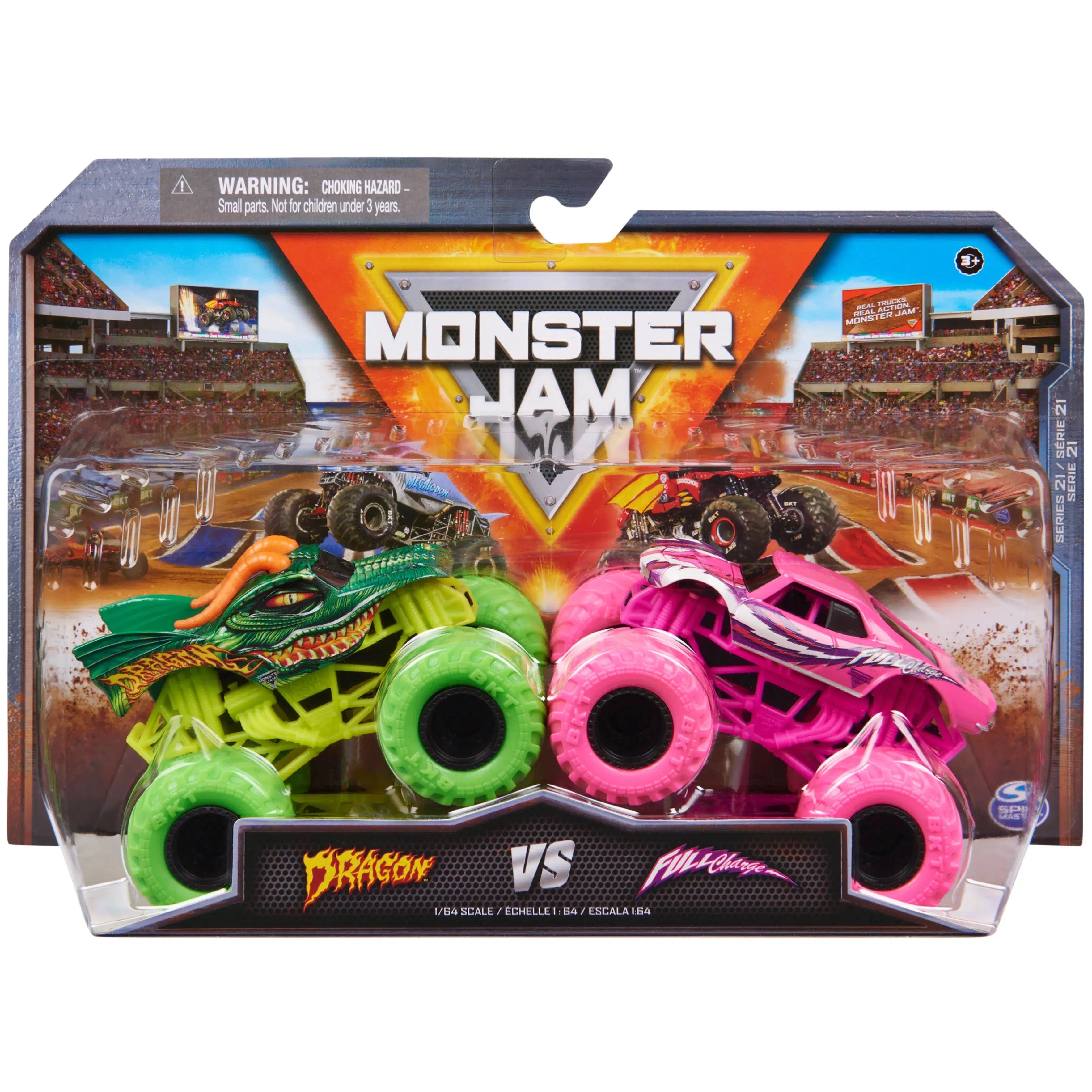 Spin Master-Monster Jam: Official 1:64 Scale Die-Cast Monster Trucks 2-Pack Assorted-20137982-Dragon vs Full Charge-Legacy Toys