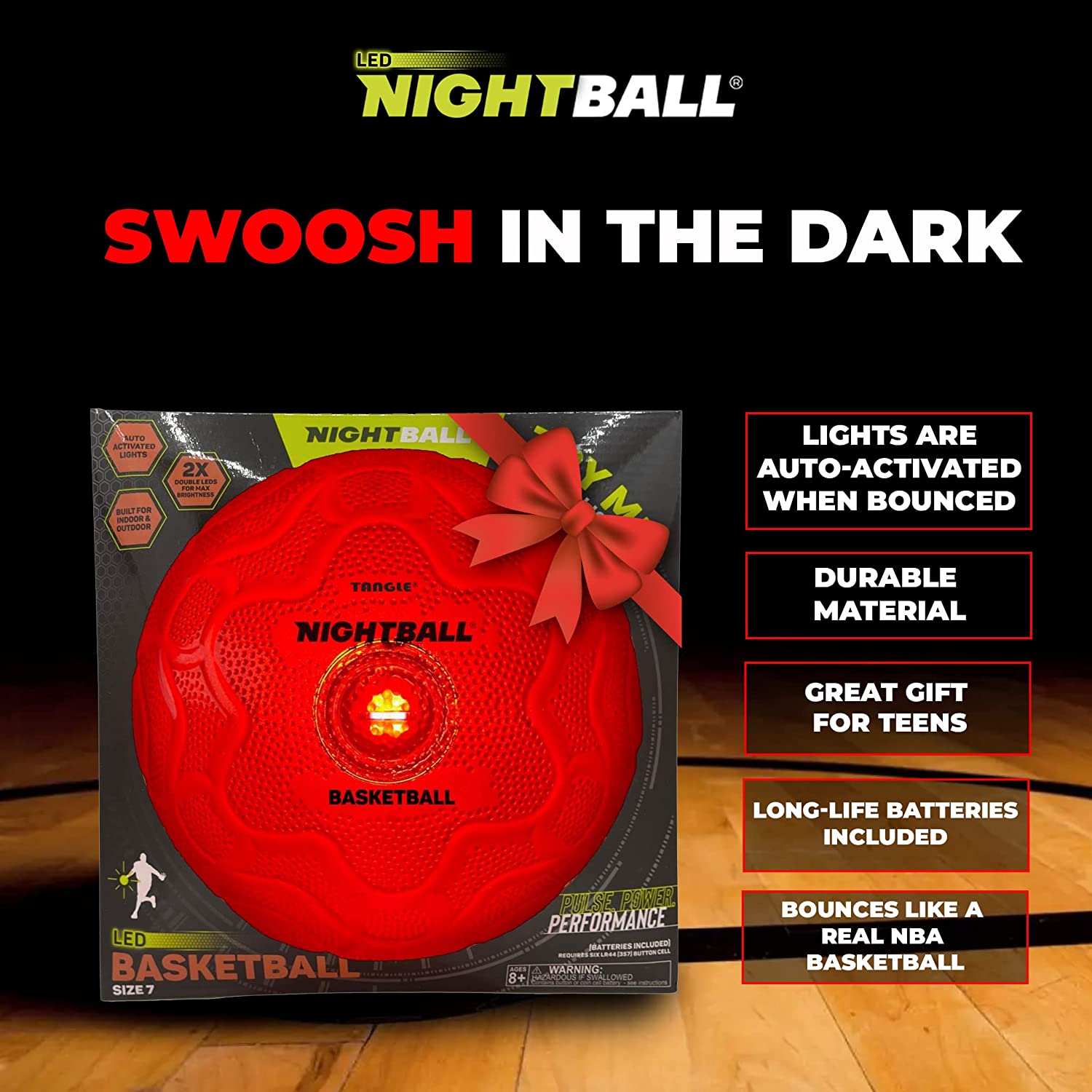 Tangle-Nightball Glow in the Dark Light Up Basketball Red-12777-Legacy Toys