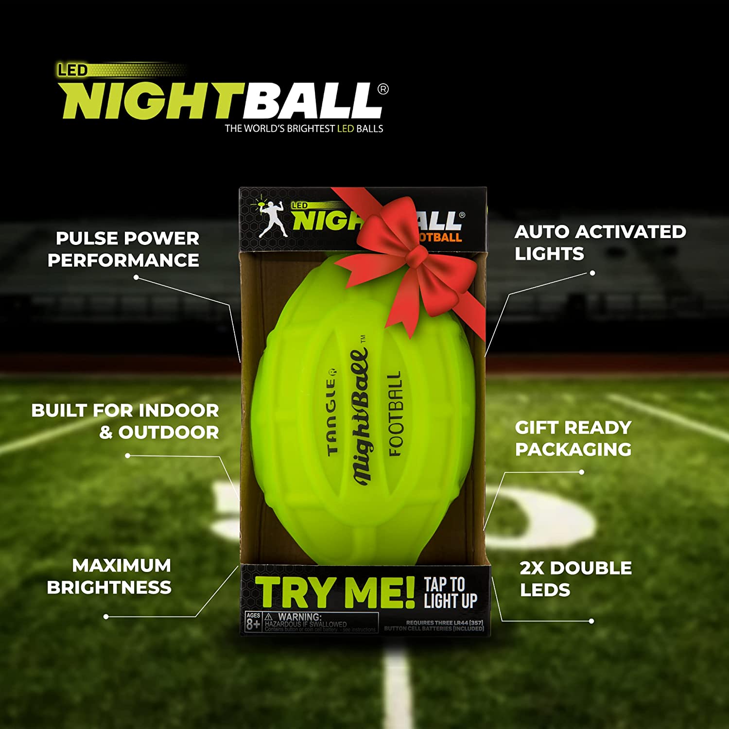 Tangle-Nightball Glow in the Dark Light Up Football Green-12796-Legacy Toys