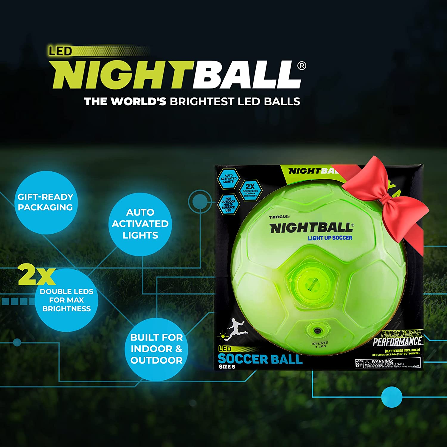 Tangle-Nightball Glow in the Dark Light Up Soccer Ball Green-12801-Legacy Toys