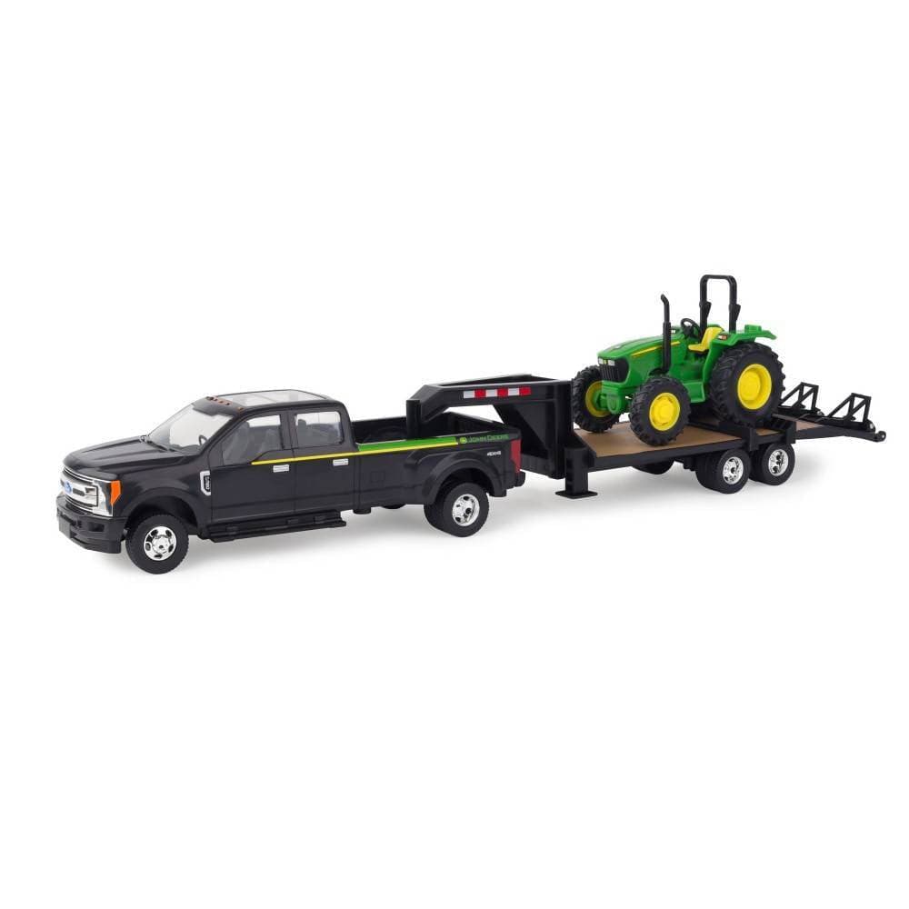 TOMY-1:32 John Deere 5075E Tractor w/ Ford F-350 Pickup and 5th Wheel Trailer-46630-Legacy Toys