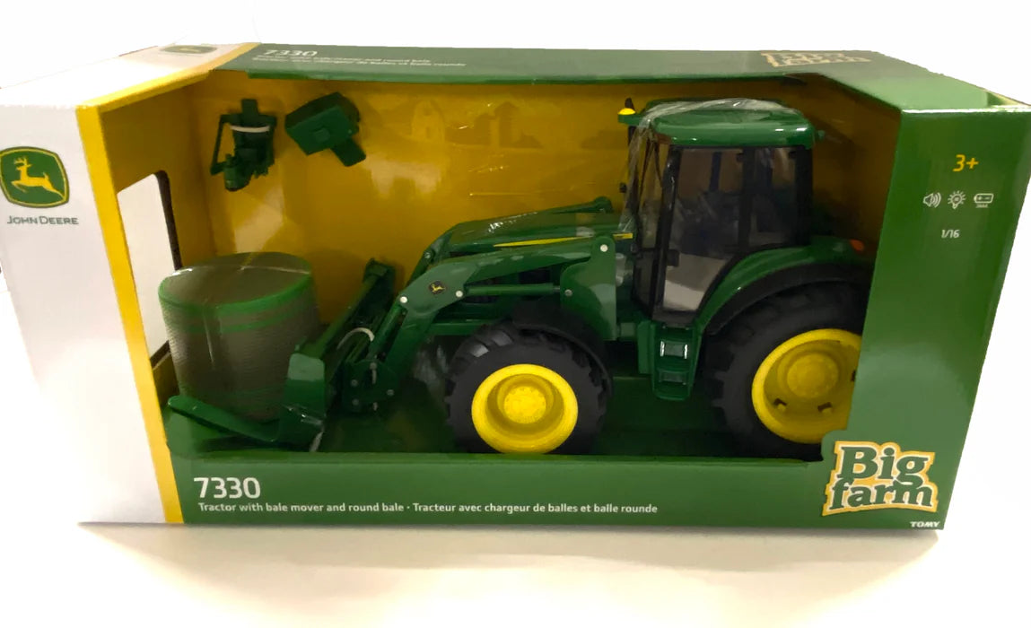 TOMY-Big Farm 1:16 John Deere 7330 With Bale Mover And Bale-46380-Legacy Toys