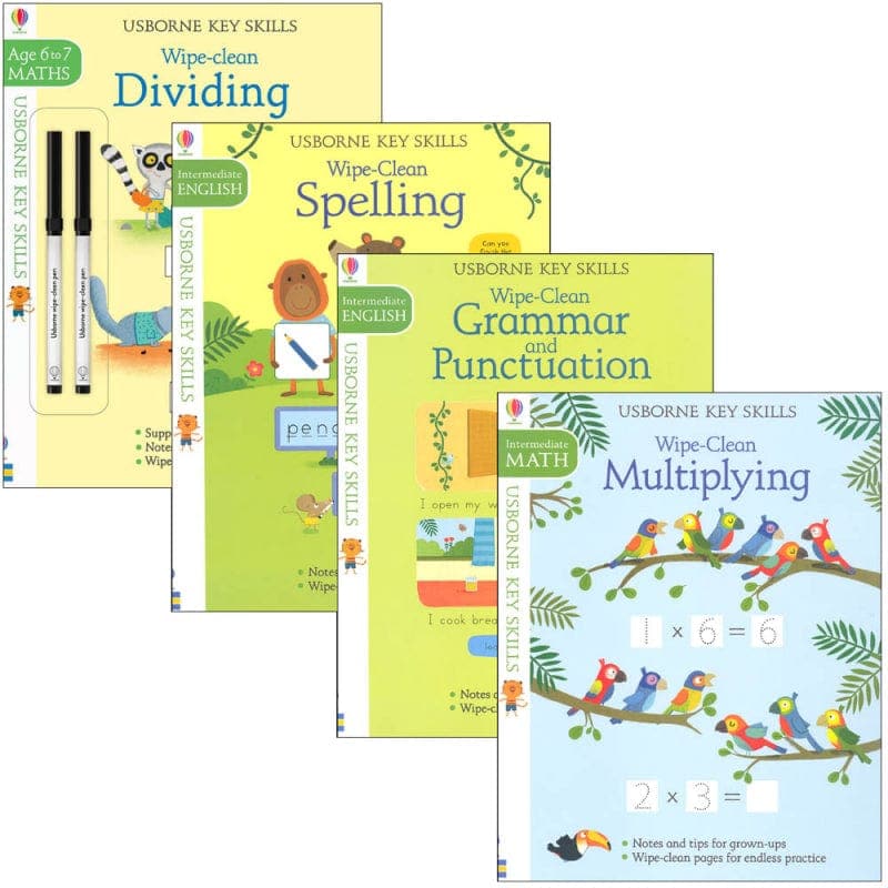 Usborne Books-Wipe Clean Key Skills Pack : Intermediate - Spelling, Multiplying, Grammar, Dividing-544768-Legacy Toys